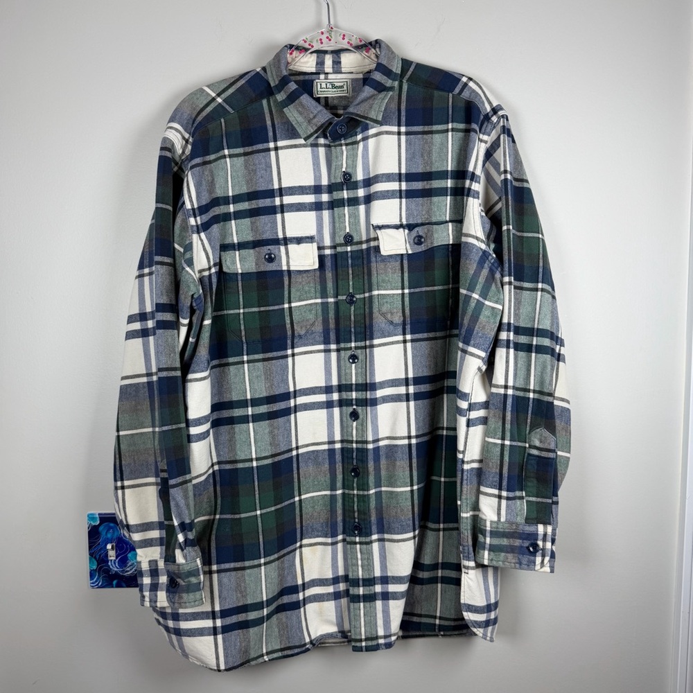 LL Bean Chamois Cloth Flannel Blue Green Plaid Preppy  Button Down Shirt Large